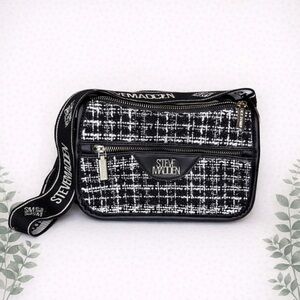 Steve Madden Tweed Logo Strap Crossbody Bag Black White